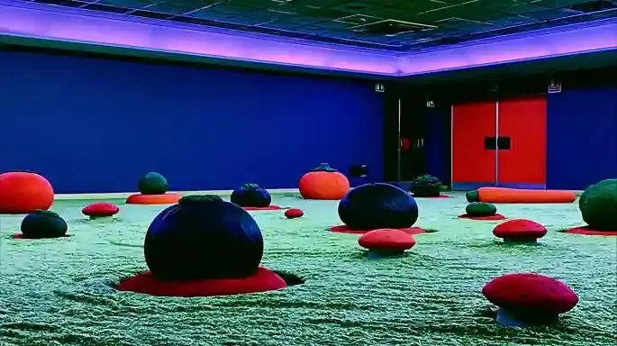 Weightless Marzipan Vegetables Hibernate, a Midjourney sref remix: weightless marzipan vegetables hibernate through an abandoned airport, during a violet electrical storm, surreal 3D style
