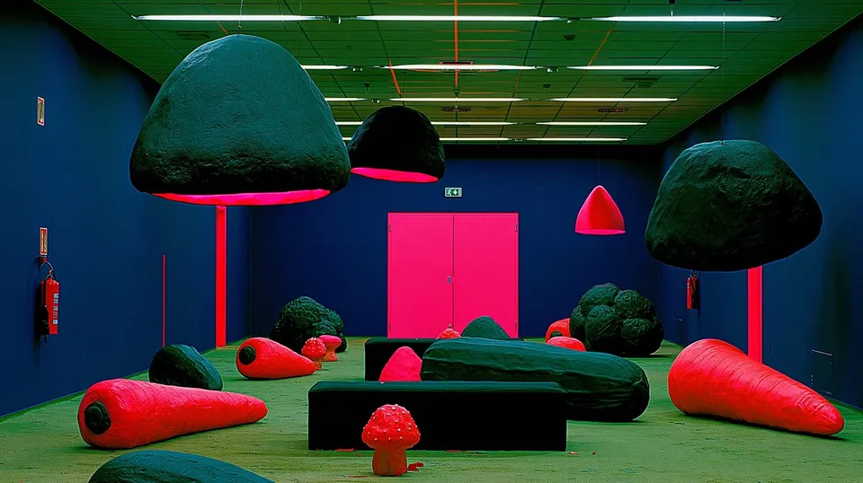 Weightless Marzipan Vegetables Hibernate, a Midjourney sref remix: weightless marzipan vegetables hibernate through an abandoned airport, during a violet electrical storm, surreal 3D style