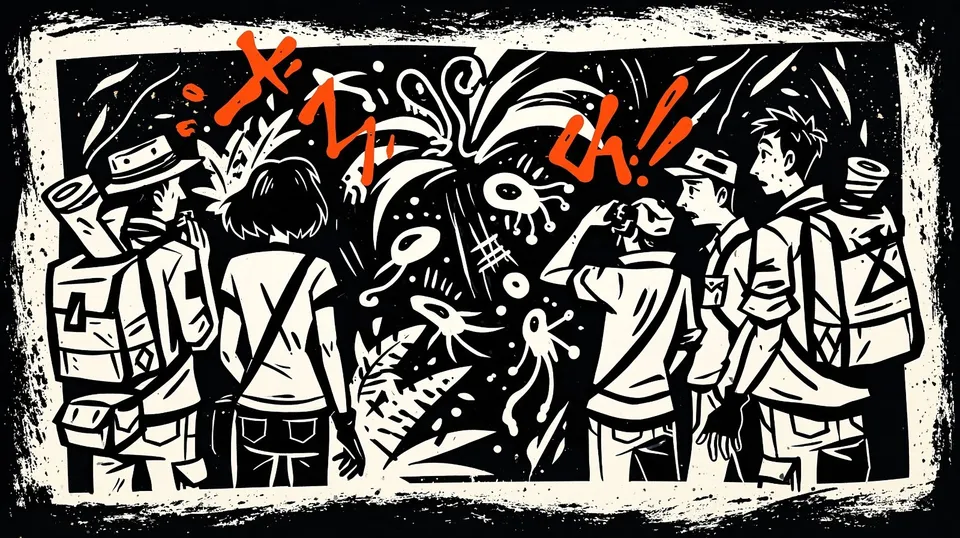 Wildlife Researchers Observing Luminous Rainforest, a Midjourney sref remix: wildlife researchers observing luminous rainforest creatures through dense midnight fog, psychedelic risograph markings surfacing inside a restrained four-panel noir sequence, playful graphic style