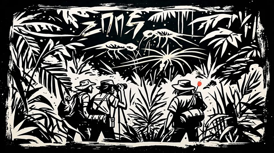 Wildlife Researchers Observing Luminous Rainforest, a Midjourney sref remix: wildlife researchers observing luminous rainforest creatures through dense midnight fog, psychedelic risograph markings surfacing inside a restrained four-panel noir sequence, cinematic graphic style