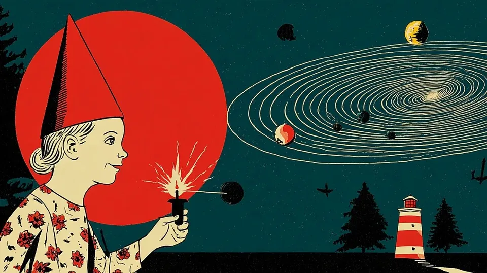 Vintage Collage, a Midjourney sref remix: A vintage collage of a smiling gnome, a serene figure in a floral-print paper gown lighting a paper lantern at a warm dusk festival, a tiny globe, and a spiral staircase surrounds a wide-eyed dreamer whose thoughts swirl into a friendly galaxy., dreamy painted fabric and glowing festival warmth without any flame, dreamy illustration style