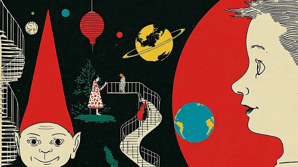 Vintage Collage, a Midjourney sref remix: A vintage collage of a smiling gnome, a serene figure in a floral-print paper gown lighting a paper lantern at a warm dusk festival, a tiny globe, and a spiral staircase surrounds a wide-eyed dreamer whose thoughts swirl into a friendly galaxy., dreamy painted fabric and glowing festival warmth without any flame, dreamy illustration style