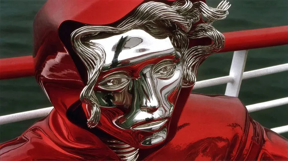Chrome Bust with Braided Metal Hair 4, a Midjourney sref remix: chrome bust with braided metal hair in red hoodie, translucent salt vegetables conduct an opera through a foggy ferry deck, during a violet electrical storm, cinematic 3D style