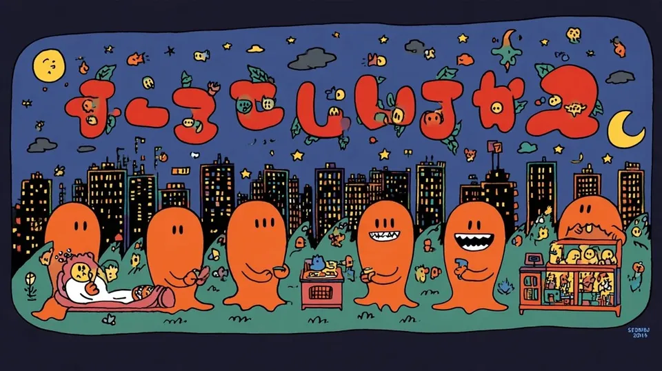 Cheerful Monster Hosting a Late-Night Community Radio 2, a Midjourney sref remix: a cheerful monster hosting a late-night community radio show with tiny ghost callers, supernatural creatures relaxing in four panels, punchy hand-lettered typography and colorful four-panel comic storytelling, playful illustration style