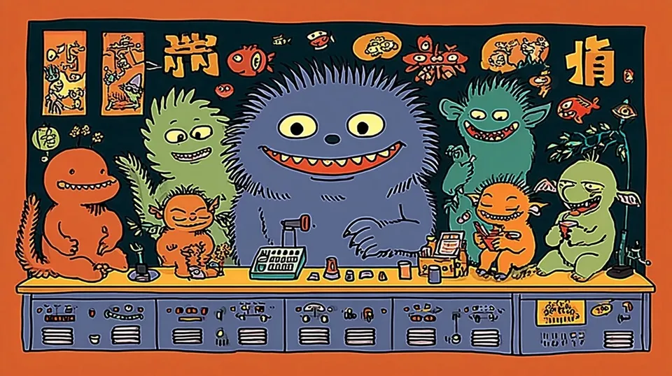 Cheerful Monster Hosting a Late-Night Community Radio 2, a Midjourney sref remix: a cheerful monster hosting a late-night community radio show with tiny ghost callers, supernatural creatures relaxing in four panels, punchy hand-lettered typography and colorful four-panel comic storytelling, playful illustration style