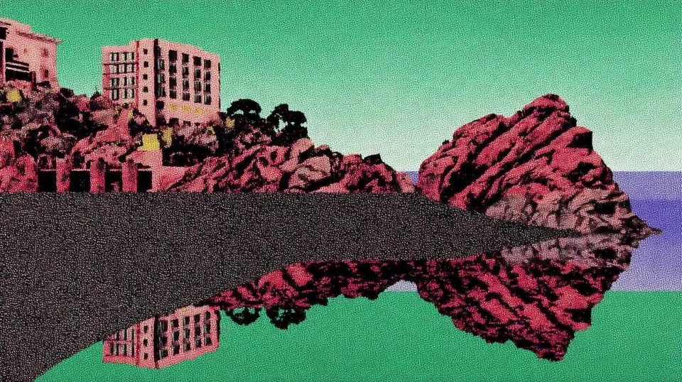 Pixel-Art Armory of a Winged Knight 4, a Midjourney sref remix: pixel-art armory of a winged knight, a brutalist seaside hotel perched above black volcanic rocks at blue hour, translucent jelly shoes arranged like rare gemstones on mirrored plinths, tiny amber windows, surreal graphic style