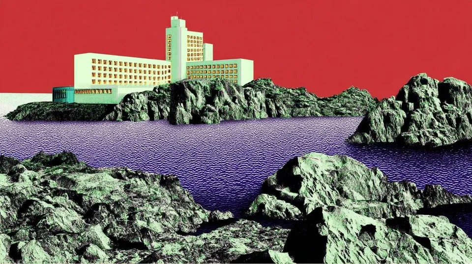 Pixel-Art Armory of a Winged Knight 4, a Midjourney sref remix: pixel-art armory of a winged knight, a brutalist seaside hotel perched above black volcanic rocks at blue hour, translucent jelly shoes arranged like rare gemstones on mirrored plinths, tiny amber windows, surreal illustration style