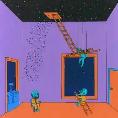 Nocturnal Bamboo Astronomers Repair the Moon, a Midjourney sref remix: nocturnal bamboo astronomers repair the moon through a zero-gravity pantry, under a ceiling of artificial stars, surreal illustration style