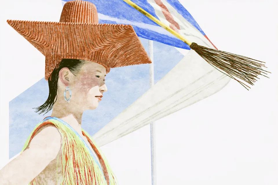 Rodeo of the Coral Crown, a Midjourney sref remix: a rodeo queen in a sculptural coral headpiece twirling a tasseled flag beneath a watercolor sky, loose wash textures merging with high-fashion portrait elegance, dreamy illustration style