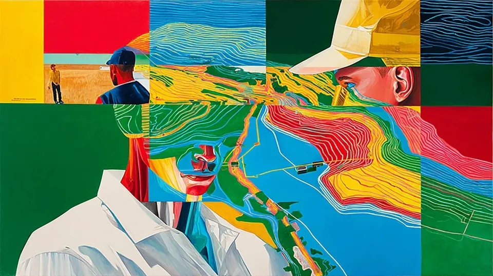Vibrant Six-Panel Collage, a Midjourney sref remix: vibrant six-panel collage of stylized scenes, an alpine rescue android emerging from contour-line fog above a silent ridge, reflective chrome portraiture dissolving into a minimal monochrome map, surreal graphic style