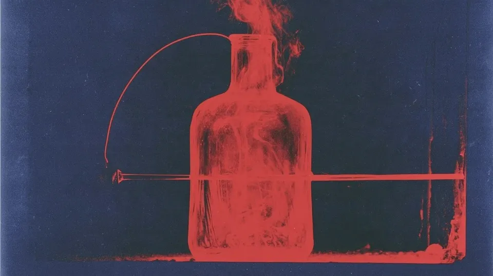 Ribbed Borosilicate Vessel, a Midjourney sref remix: a ribbed borosilicate vessel glowing at the furnace mouth while molten glass stretches between steel paddles, captured mid-process, cinematic graphic style