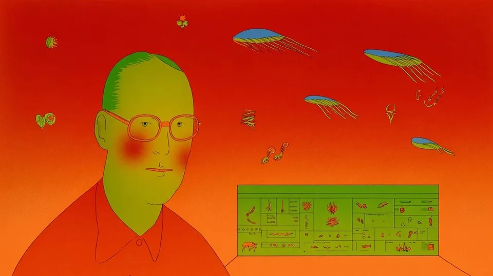 Quirky Bespectacled Man amid Floating Shapes 4, a Midjourney sref remix: quirky bespectacled man amid floating shapes, an interstellar museum kiosk cataloging mysterious folk artifacts, psychedelic pictograms presented inside a restrained monochrome science-fiction interface, surreal illustration style
