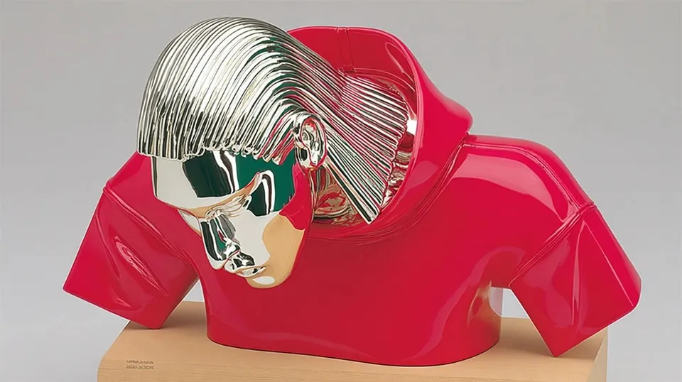 Chrome Bust with Braided Metal Hair 2, a Midjourney sref remix: chrome bust with braided metal hair in red hoodie, surreal 3D style