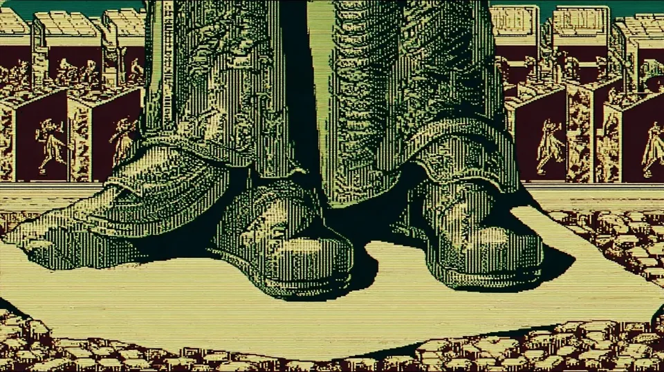 Pixel-Art Armory of a Winged Knight, a Midjourney sref remix: pixel-art armory of a winged knight, translucent jelly shoes arranged like rare gemstones on mirrored plinths, brutal illustration style