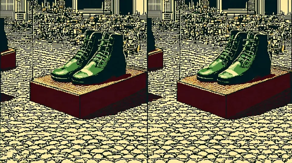 Pixel-Art Armory of a Winged Knight, a Midjourney sref remix: pixel-art armory of a winged knight, translucent jelly shoes arranged like rare gemstones on mirrored plinths, retro illustration style