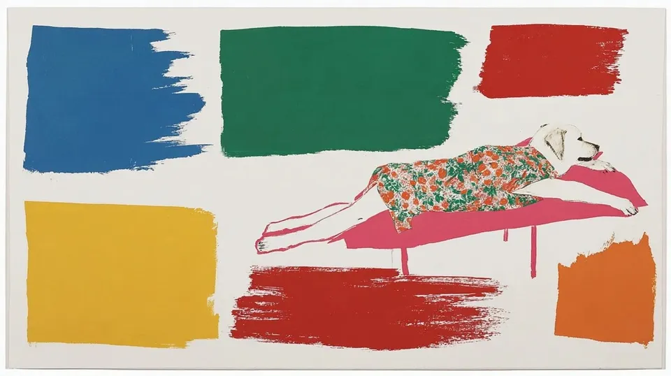 Sunbathing Dog, a Midjourney sref remix: A sunbathing dog on a flamingo float drifts across a bright retro mood board of cheerful cartoon, woman in floral-print gown on paper, movie, and summer postcard scenes., playful graphic style