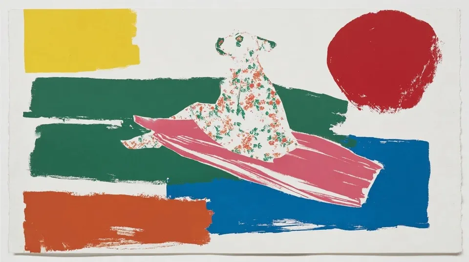 Sunbathing Dog, a Midjourney sref remix: A sunbathing dog on a flamingo float drifts across a bright retro mood board of cheerful cartoon, woman in floral-print gown on paper, movie, and summer postcard scenes., playful graphic style