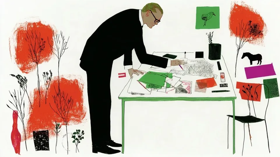 Gentle Museum Archivist in a Tailored Black, a Midjourney sref remix: a gentle museum archivist in a tailored black suit piecing together a storybook ancient warrior from scattered paper clippings, monochrome documents blooming into warm dreamy red-crested color, dreamy illustration style