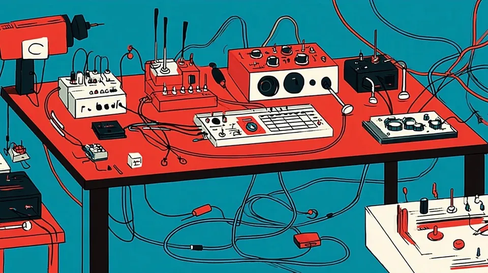 Tabletop Inventor's Workshop Filled with Peculiar Analog 2, a Midjourney sref remix: a tabletop inventor's workshop filled with peculiar analog instruments, wires and handwritten diagrams, playful illustration style