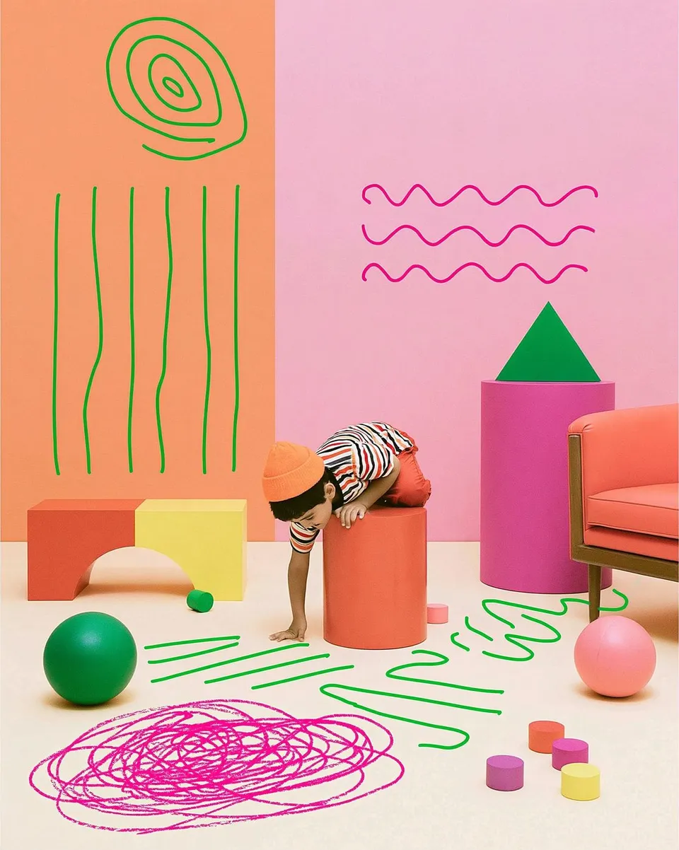 The Modular Playground Architect, a Midjourney sref remix: a child architect assembling a fantastical modular playground in a Memphis-color studio, polished editorial furniture mixed with exuberant crayon linework, playful graphic style