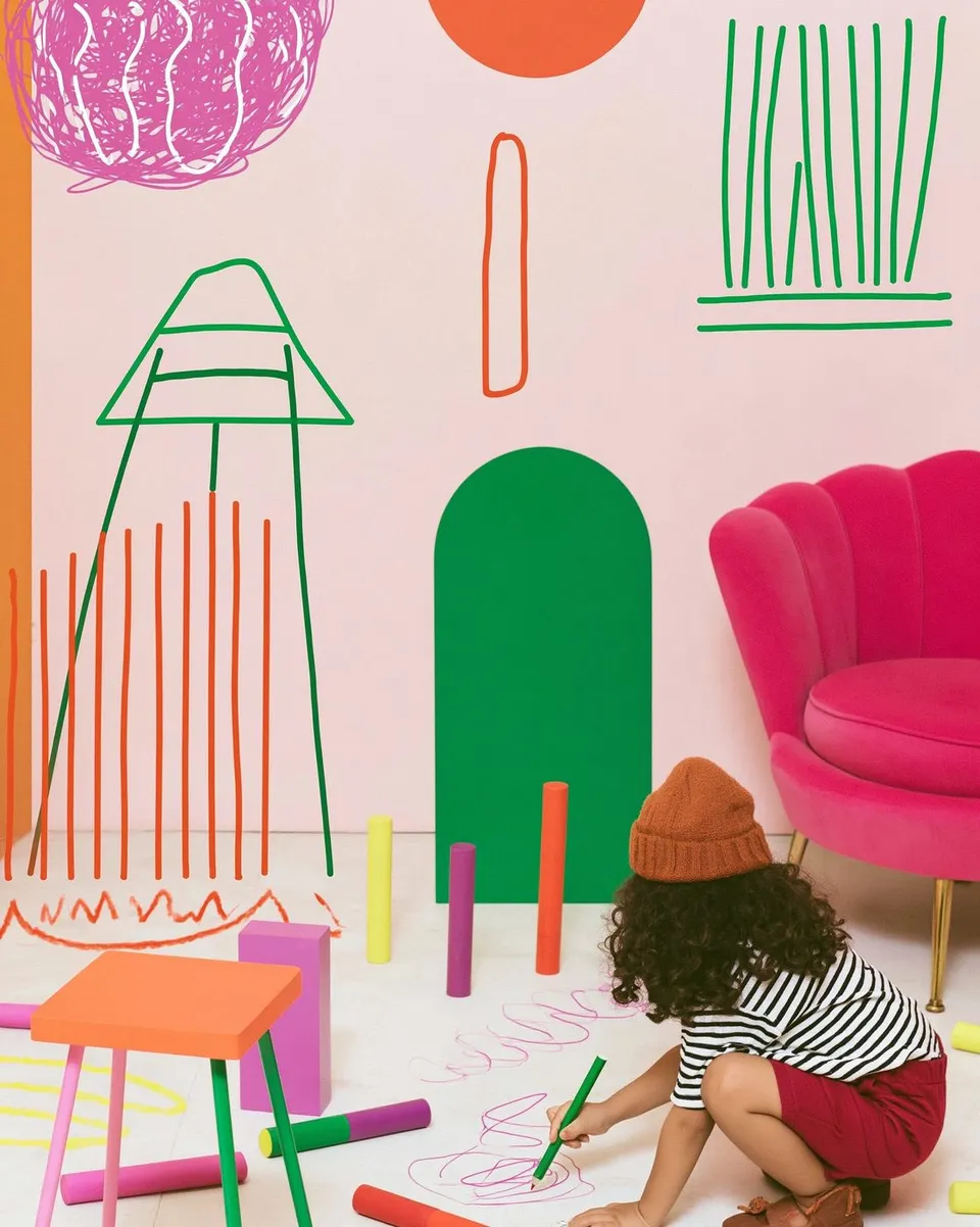The Modular Playground Architect, a Midjourney sref remix: a child architect assembling a fantastical modular playground in a Memphis-color studio, polished editorial furniture mixed with exuberant crayon linework, playful graphic style