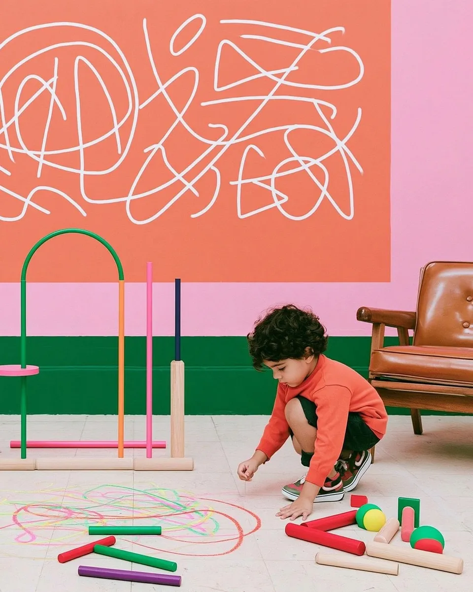 The Modular Playground Architect, a Midjourney sref remix: a child architect assembling a fantastical modular playground in a Memphis-color studio, polished editorial furniture mixed with exuberant crayon linework, playful photo style