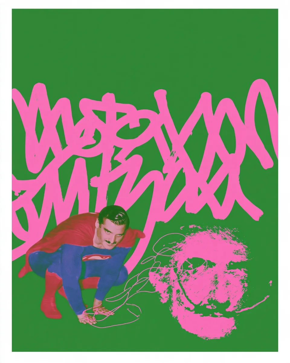 Masked Dreamer, a Midjourney sref remix: A costumed hero in red and blue crouches among swirling pink street-art letters beside a green-washed surrealist portrait of a famed mustachioed artist., surreal graphic style