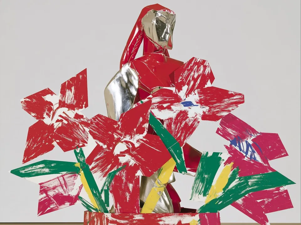 Blooming Chrome Muse, a Midjourney sref remix: A paper garden of painted flowers unfurls around a graceful metallic statue whose braided hair catches the soft neon glow of a flower shop at dusk., playful graphic style