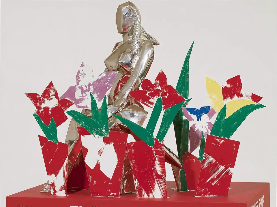 Blooming Chrome Muse, a Midjourney sref remix: A paper garden of painted flowers unfurls around a graceful metallic statue whose braided hair catches the soft neon glow of a flower shop at dusk., playful graphic style