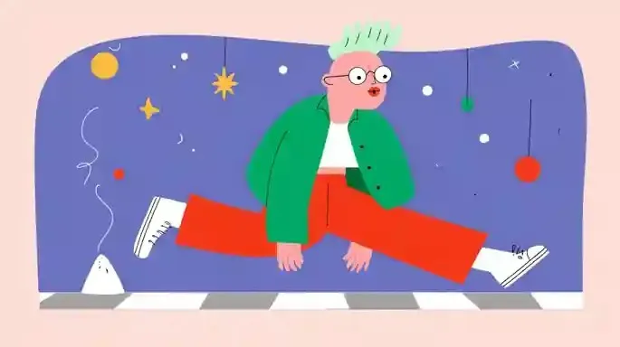 Green-Haired Dreamer, a Midjourney sref remix: green-haired dreamer on a checkerboard night path, quirky bespectacled man amid floating shapes, playful illustration style