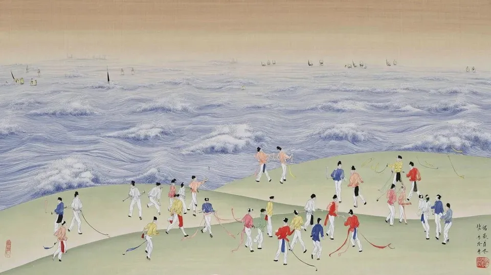 Golfers on Green Hills, a Midjourney sref remix: golfers on green hills beneath ocean-wave sky, a contemporary dance rehearsal in an empty civic hall, ribbons tracing every movement, playful illustration style