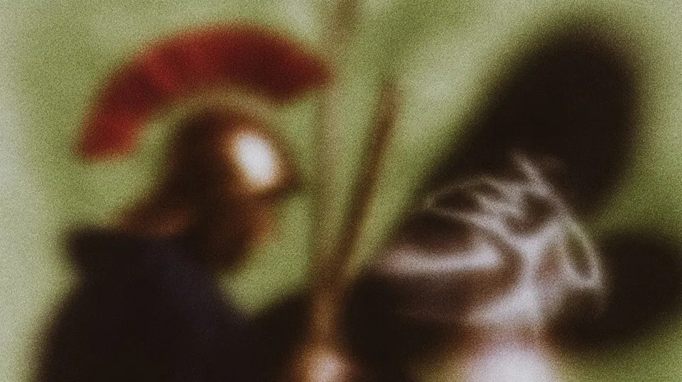 Ancient Warrior with Red-Crested Helmet and Spear 2, a Midjourney sref remix: ancient warrior with red-crested helmet and spear, cozy pink knit and sneaker, hazy pastel film still, cinematic illustration style