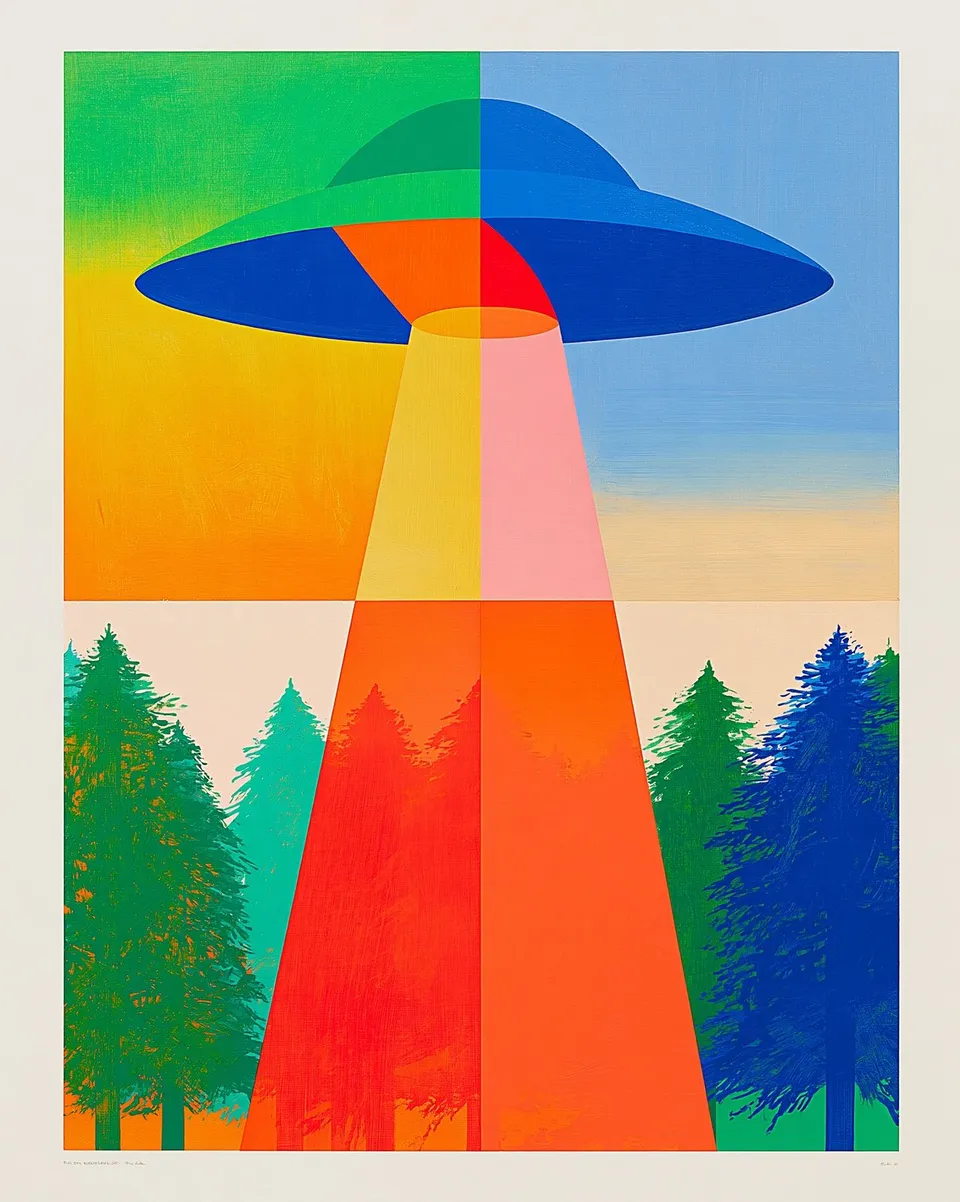Six-Panel Forest Night, a Midjourney sref remix: A cozy six-panel storybook collage shows a gentle flying saucer beaming warm light over a pine forest beneath a neon dusk., surreal graphic style