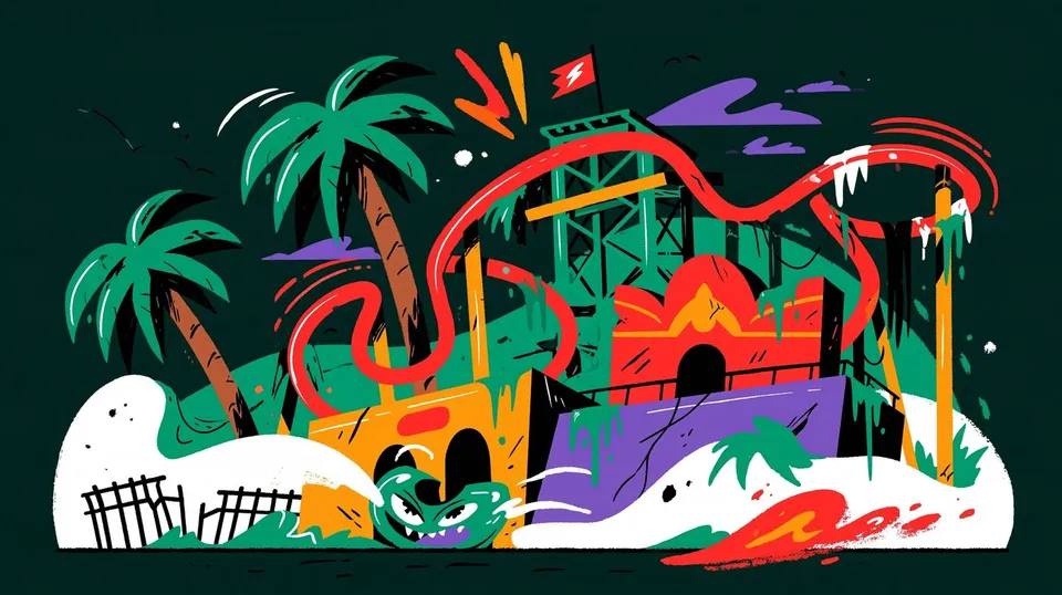 Abandoned Seaside Amusement Park, a Midjourney sref remix: an abandoned seaside amusement park slowly disappearing into morning mist, playful illustration style