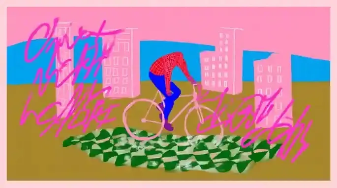 Celestial Bicycle Courier, a Midjourney sref remix: a celestial bicycle courier crossing a floating checkerboard garden between tiny temples, Spider-Man crouching amid pink graffiti lettering, dreamlike storybook architecture and tactile retro 3D forms, dreamy illustration style