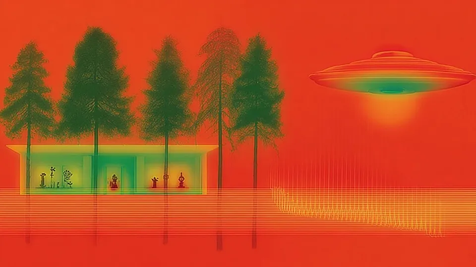 Interstellar Museum Kiosk Cataloging Mysterious Folk Artifacts 2, a Midjourney sref remix: an interstellar museum kiosk cataloging mysterious folk artifacts, A winding highway at dusk trails long ribbons of light up toward a friendly saucer gently beaming kindness over a calm pine forest., psychedelic pictograms presented inside a restrained monochrome science-fiction interface, surreal illustration style