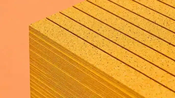 Stack of Cork Sheets 2, a Midjourney sref remix: stack of cork sheets, a lone cyclist crossing a windswept suspension bridge above pink fog, visible grain and pores on the edge, buff cork color, minimal 3D style