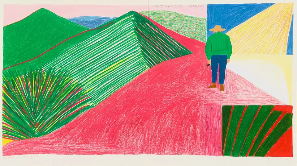 Six Postcards, a Midjourney sref remix: a six-panel travel journal of a lone explorer crossing a rose-colored landscape, each vivid stylized scene opening into warm cinematic light, playful illustration style