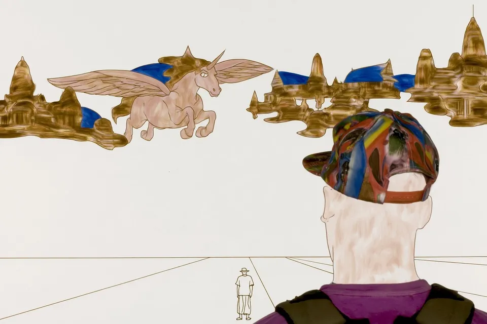 The Tourist above the Temples, a Midjourney sref remix: a backpacker in a colorful cap seen from behind gazing up at a winged horse gliding between floating temples, painterly fantasy heights above a spare monochrome plaza, surreal illustration style