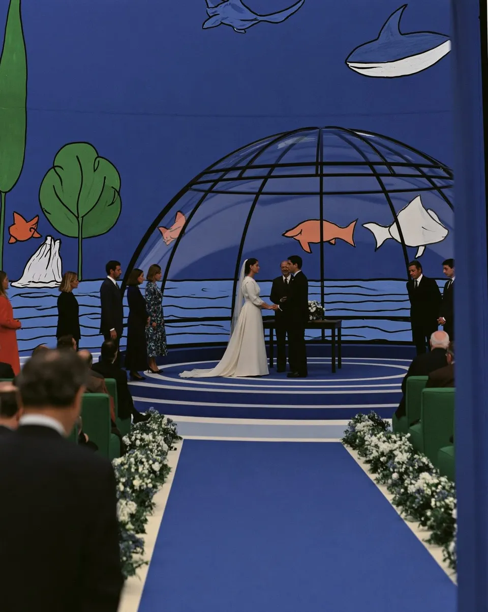Elegant Deep-sea Wedding Ceremony, a Midjourney sref remix: an elegant deep-sea wedding ceremony inside a transparent glass pavilion, playful photo style