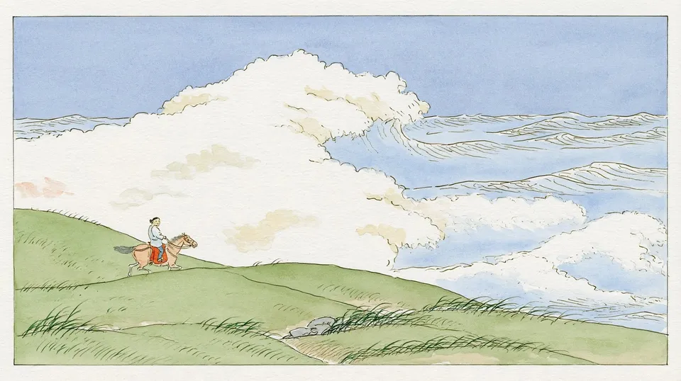Rodeo beneath the Wave Sky, a Midjourney sref remix: a lone rider on horseback trotting across green hills beneath an enormous ocean-wave sky, loose watercolor strokes and golden cinematic light, cinematic illustration style