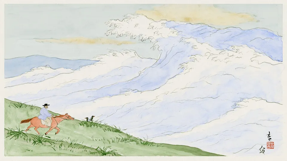 Rodeo beneath the Wave Sky, a Midjourney sref remix: a lone rider on horseback trotting across green hills beneath an enormous ocean-wave sky, loose watercolor strokes and golden cinematic light, cinematic paint style