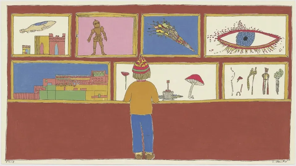 Child, a Midjourney sref remix: a child in a vivid multicolor baseball cap seen from behind, a blocky pixel-art knight cataloging a cabinet of whimsical garden curiosities, gazing up at a noble ancient warrior materializing in warm dreamy brushstrokes across a museum wall, crisp game-sprite armor beside a surreal collage of a mushroom, an eye, and a tiny spaceship, playful illustration style