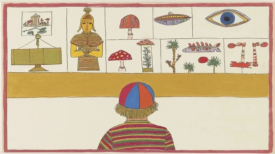 Child, a Midjourney sref remix: a child in a vivid multicolor baseball cap seen from behind, a blocky pixel-art knight cataloging a cabinet of whimsical garden curiosities, gazing up at a noble ancient warrior materializing in warm dreamy brushstrokes across a museum wall, crisp game-sprite armor beside a surreal collage of a mushroom, an eye, and a tiny spaceship, playful illustration style