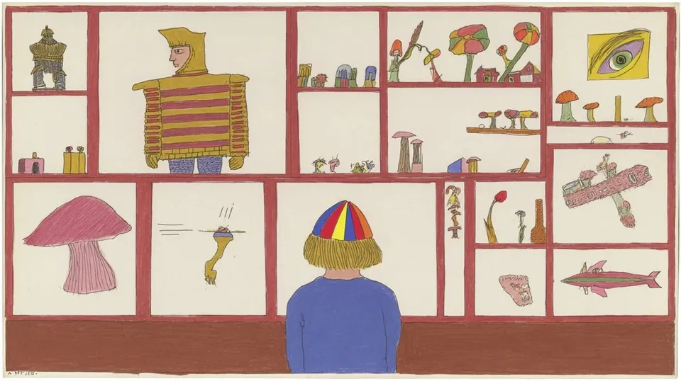Child, a Midjourney sref remix: a child in a vivid multicolor baseball cap seen from behind, a blocky pixel-art knight cataloging a cabinet of whimsical garden curiosities, gazing up at a noble ancient warrior materializing in warm dreamy brushstrokes across a museum wall, crisp game-sprite armor beside a surreal collage of a mushroom, an eye, and a tiny spaceship, playful illustration style