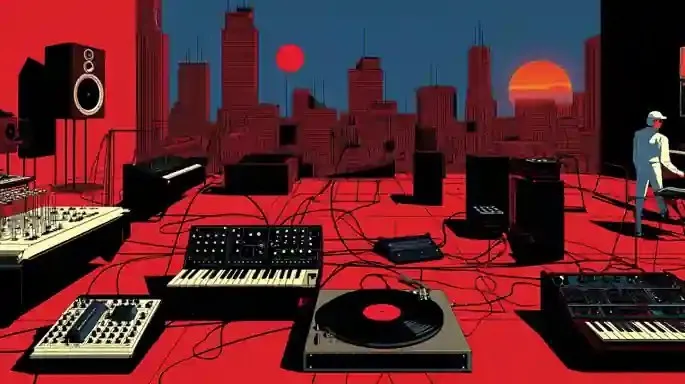 Feral Obsidian Satellites Conduct an Opera 2, a Midjourney sref remix: feral obsidian satellites conduct an opera through a silent film studio, a tabletop inventor's workshop filled with peculiar analog instruments, before the city wakes, wires and handwritten diagrams, cinematic illustration style