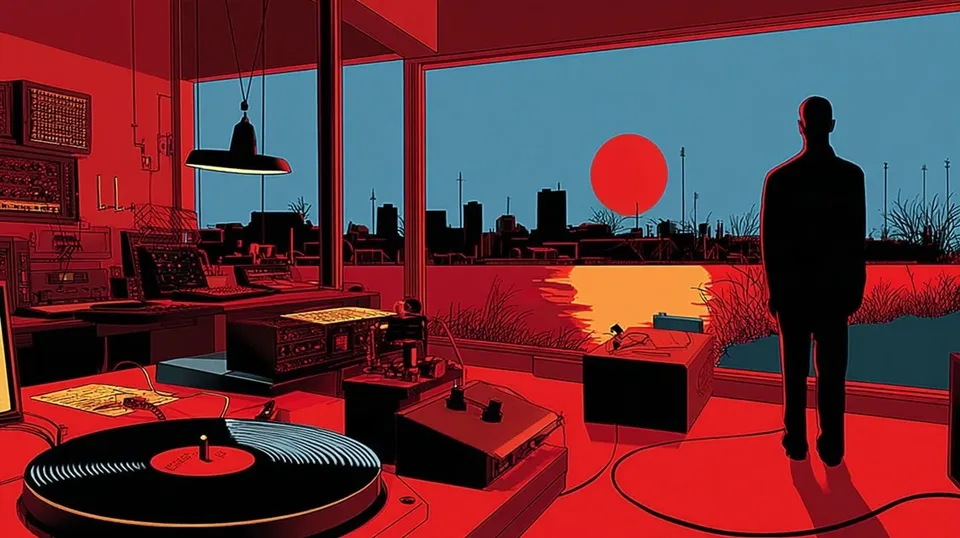 Feral Obsidian Satellites Conduct an Opera 2, a Midjourney sref remix: feral obsidian satellites conduct an opera through a silent film studio, a tabletop inventor's workshop filled with peculiar analog instruments, before the city wakes, wires and handwritten diagrams, cinematic illustration style