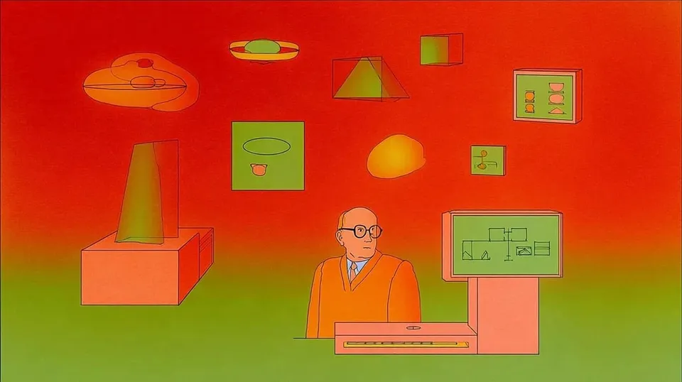 Quirky Bespectacled Man amid Floating Shapes 2, a Midjourney sref remix: quirky bespectacled man amid floating shapes, an interstellar museum kiosk cataloging mysterious folk artifacts, psychedelic pictograms presented inside a restrained monochrome science-fiction interface, surreal illustration style
