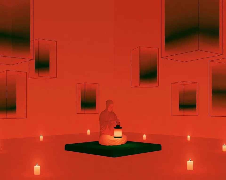 Gallery of Gentle Flame, a Midjourney sref remix: A clean sci-fi gallery wall of floating frames surrounds a calm figure holding a warm lantern as soft candlelight flickers kindly around the room., cinematic illustration style