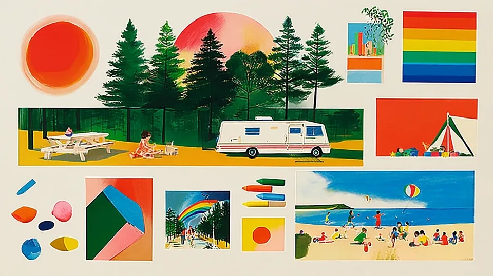 Gentle Ufo Beaming Rainbow-Colored Light, a Midjourney sref remix: a gentle UFO beaming rainbow-colored light over a peaceful pine campground where children draw with crayons, A warm storybook wall of colorful postcard-sized moments picnics, playful retro glow and handmade crayon texture, parades, kites, and seaside afternoons is arranged in a tidy collage grid with a vintage pop-culture charm., playful illustration style